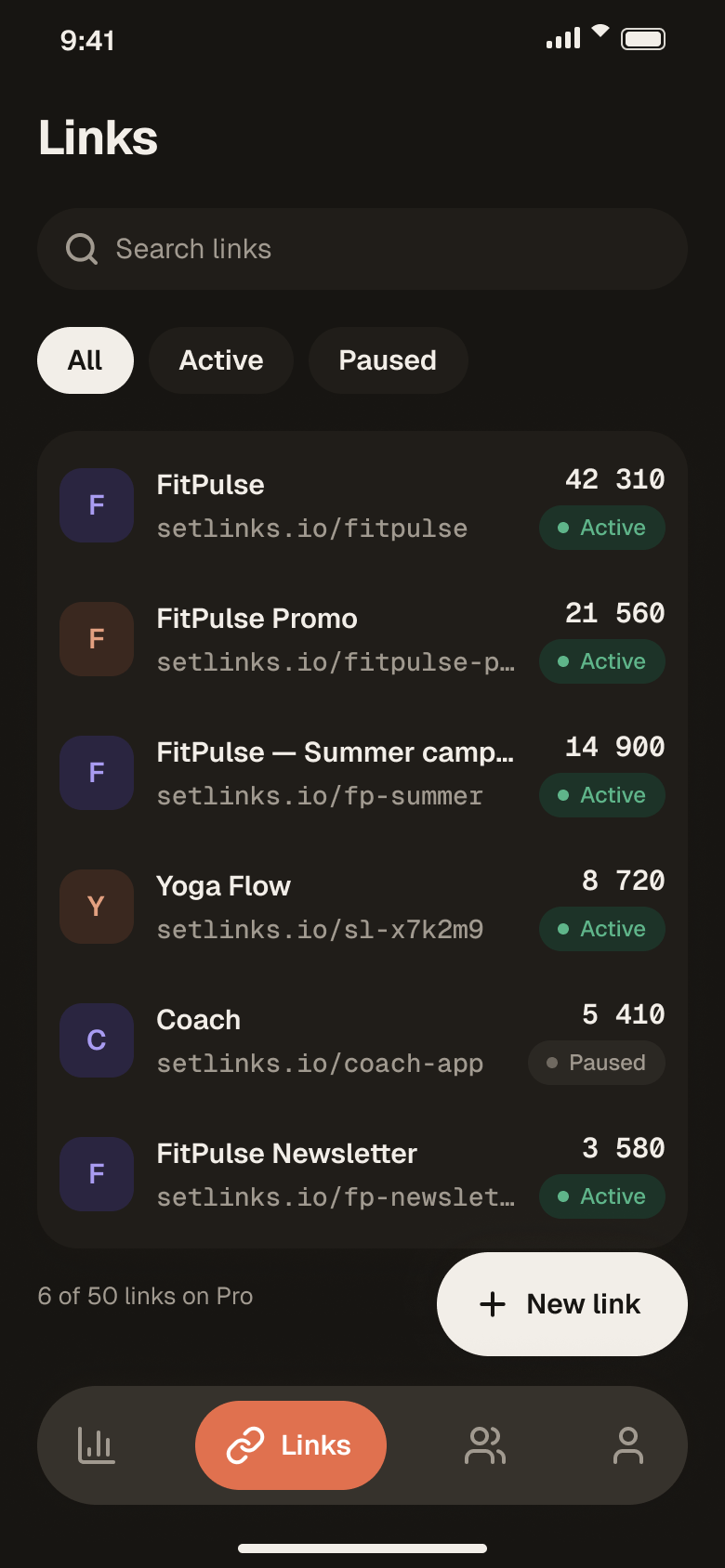 SetLinks app, Links screen in the dark theme: every link with its clicks